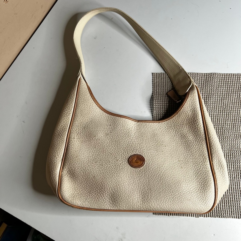 Dooney & Bourke Vintage Cream Pebbled Leather Hobo Bag Made in USA Tan Trim